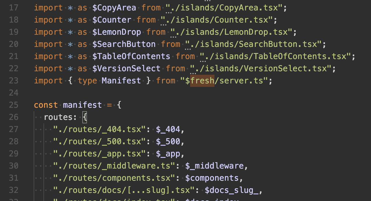 Screenshot of a fresh.gen.ts manifest file where import names are serialized file names instead of a `$` with an incremented number