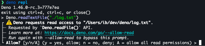 Permission prompt links to Deno docs